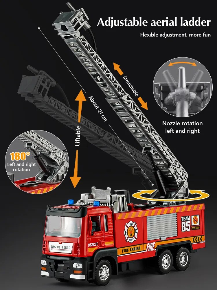 1:50 Fire Truck Diecast Alloy Sprinkler Toy with Light Music Water Simulation Spray Rescue Car Children's Toy Birthday Gifts - bertofonsi