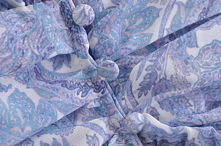 2022 Blue Floral Print Chiffon Mini Dress Women Wood ears Ruffles V neck Open Buttons Slim Ruched Waist Long Sleeve Holiday Robe - bertofonsi