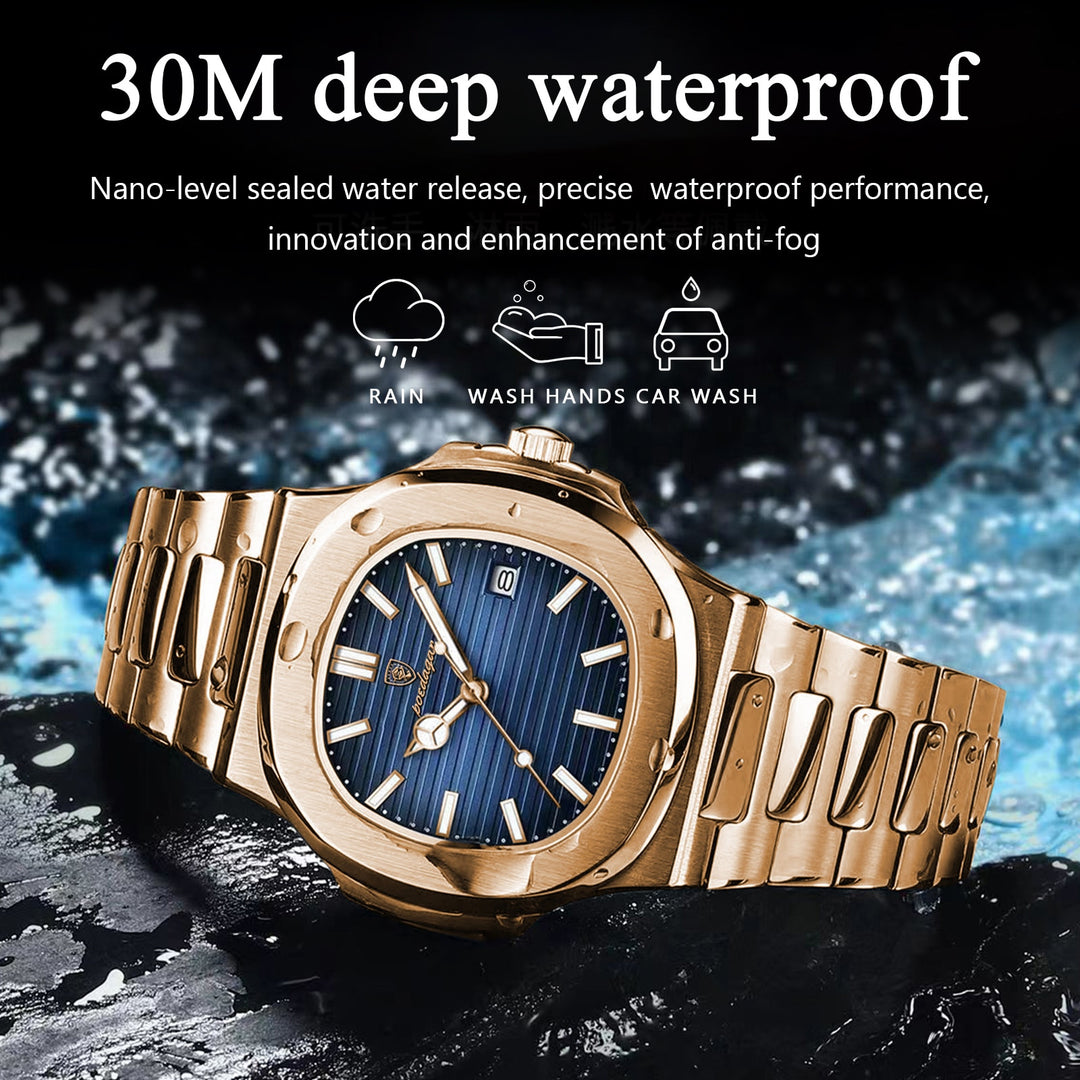 POEDAGAR Luxury Man Wristwatch Business Stainless Steel Quartz Men Watch Waterproof Luminous Date Square Men's Watches Clock+Box - bertofonsi