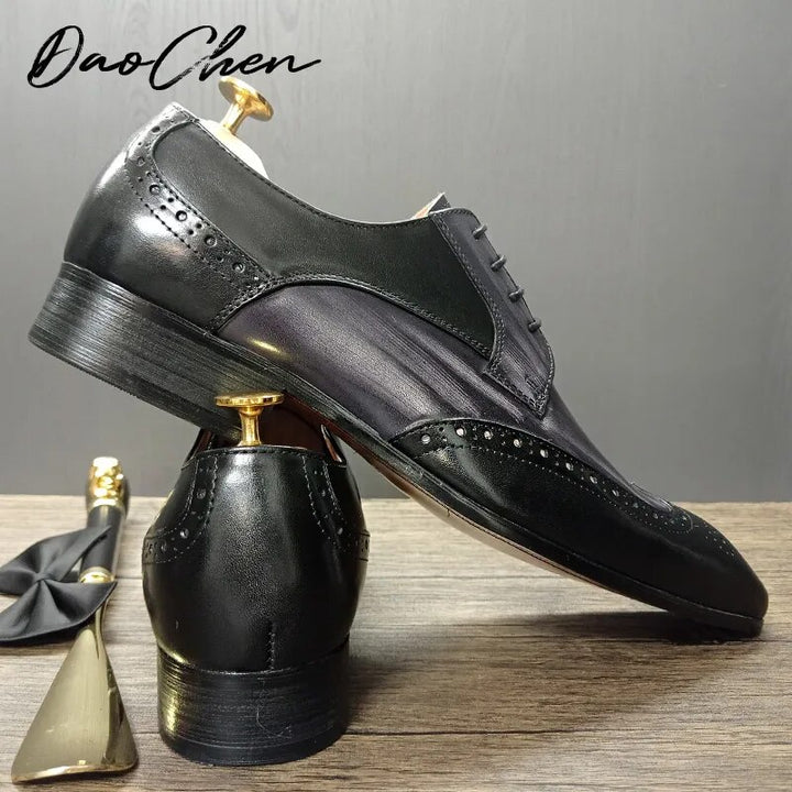 Luxury Brand Men Leather Shoes Lace Up Pointed Toe Black Mix Grey Mens Dress Shoes Wedding Office Oxford Shoes For Men - bertofonsi