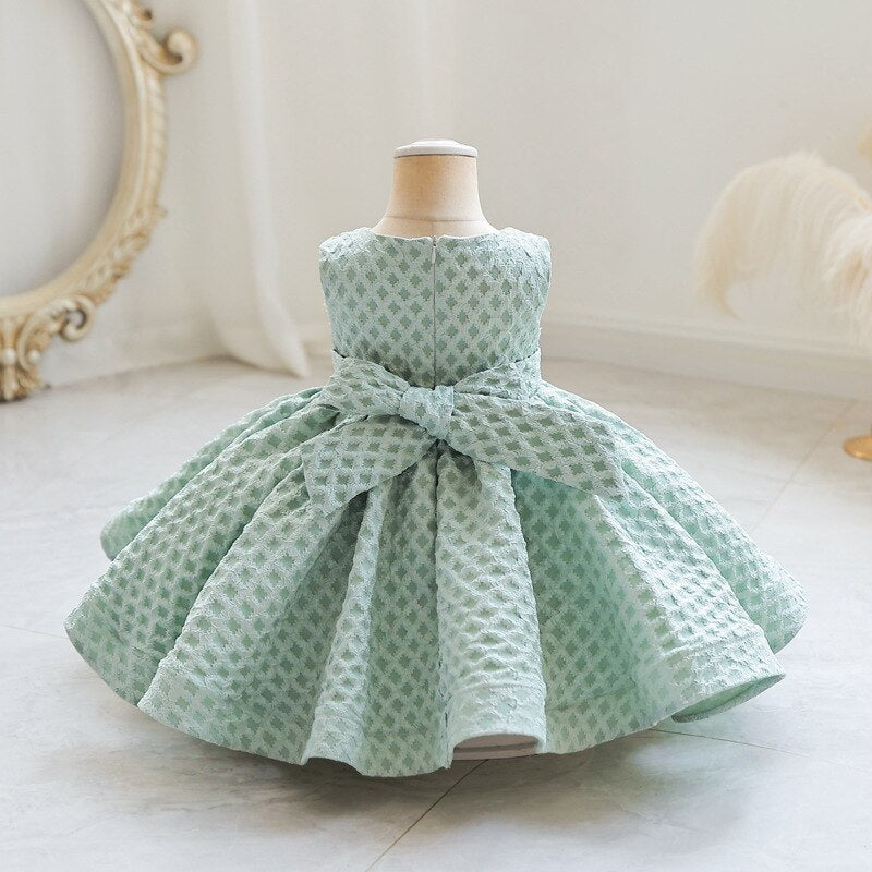 HETISO Super Sweet Solid Plaid Flower Bowknot Sleeveless Baby Dress One-piece Kids Evening Birthday Party Outfit For Girls - bertofonsi