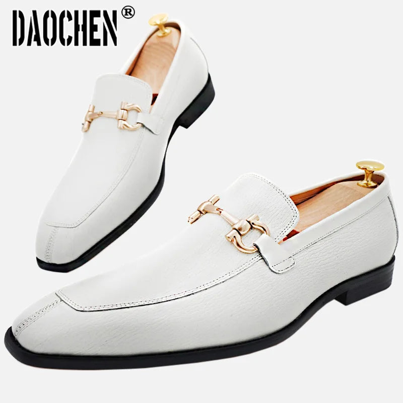Luxury Men Leather Shoes Black White Horsebit Loafers Slip on Formal Men Dress Shoes Wedding Office Casual Shoes For Men - bertofonsi