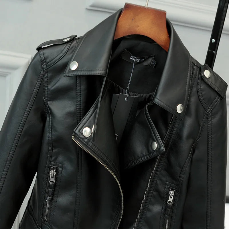 Korean Version of Slim PU Leather Jacket Women's 2021 Spring / Autumn Winter  New Motorcycle Leather Short Coat - bertofonsi