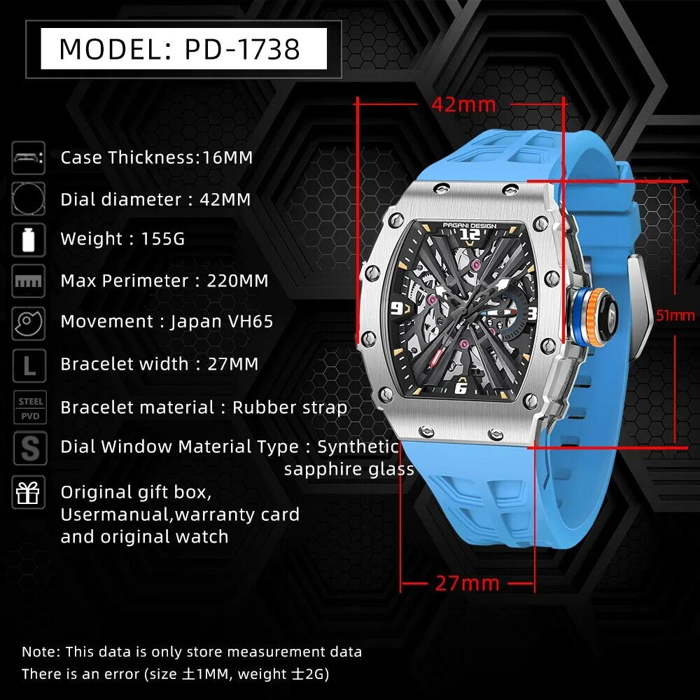 2023 New PAGANI DESIGN Men's Quartz Watches VH65 Movt Skeleton Dial 100M Waterproof Sport Rectangle Sapphire Glass Watch for Men - bertofonsi