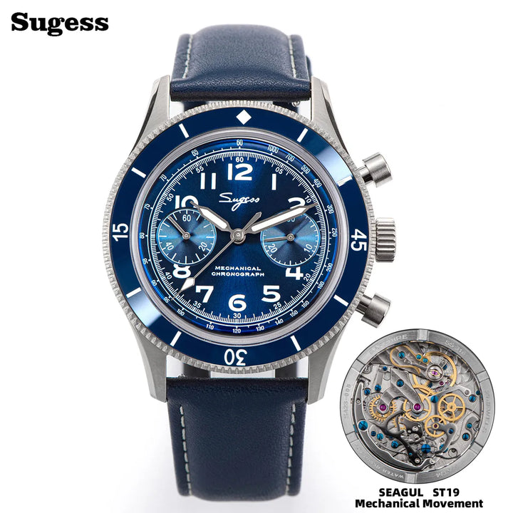 Sugess Watch 1963 Men Watches ST1901 Chronograph Luminous Mechanical Wristwatches Waterproof Crystal Sapphire Italian Leather - bertofonsi
