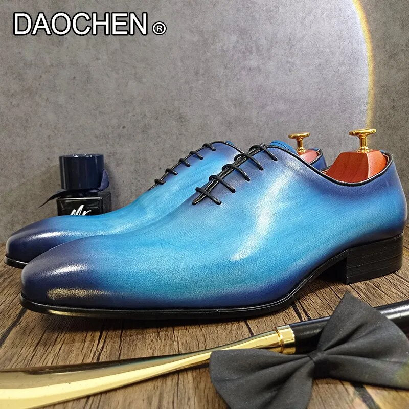 LUXURY BRAND MEN'S OXFORD SHOES LACE UP POINTED TOE BLUE BLACK FORMAL DRESS MAN SHOES WEDDING BUSINESS LEATHER SHOES MEN - bertofonsi