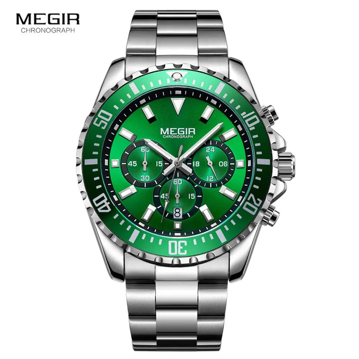MEGIR Men's Chronograph Quartz Watches Stainless Steel Waterproof Lumious Analogue 24-hour Wristwatch for Man Green Dial 2064G-9 - bertofonsi