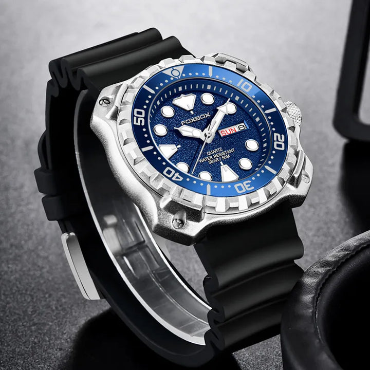 FOXBOX Mens Watches 5ATM Sports Waterproof Quartz Wristwatch Luminous Clock with Steel Bezel Watch for Men Relogio Masculino+Box - bertofonsi