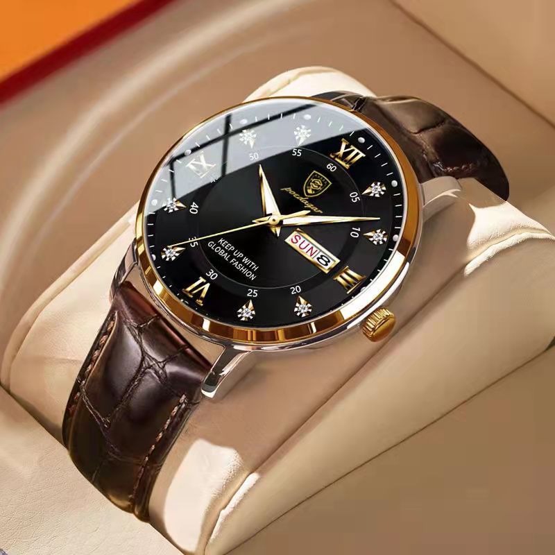 POEDAGAR Men Watch Fashion High Quality Leather Watches Waterproof Luminous Week Date Top Brand Luxury Quartz Man Wristwatch - bertofonsi