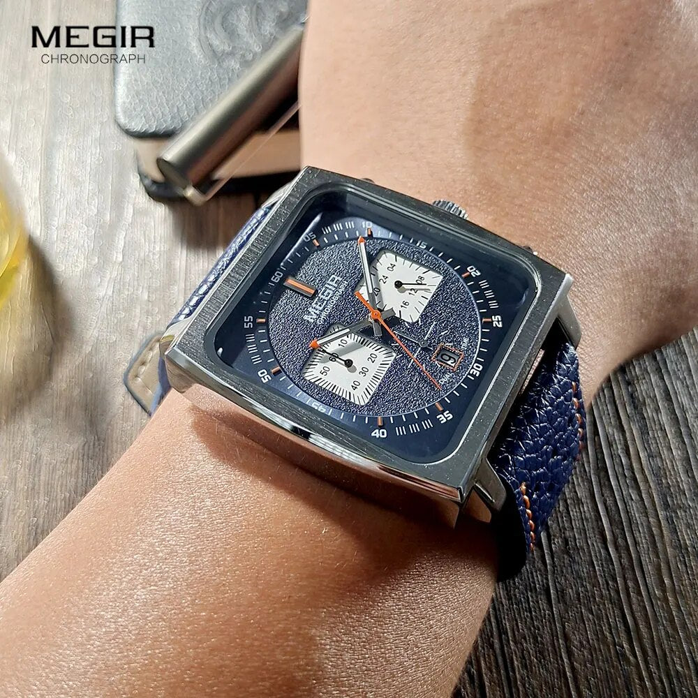 MEGIR Square Dial Chronograph Quartz Watches for Men Fashion Blue Leather Strap Casual Sport Wristwatch with Date 24-hour 2182 - bertofonsi