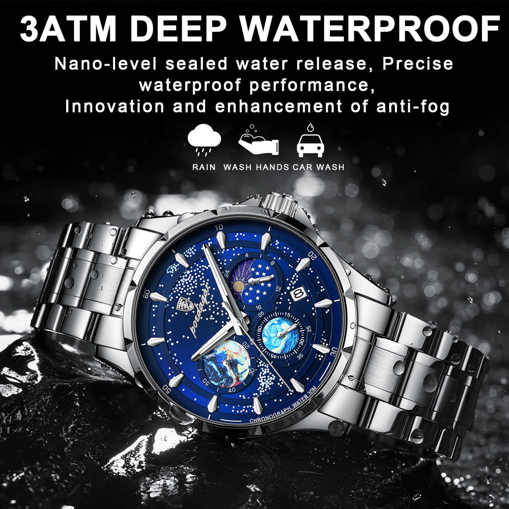 POEDAGAR Casual Man Wristwatch Luxury Waterproof Luminous Date Men Watch Chronograph Stainless Steel Men's Quartz Watches Clock - bertofonsi