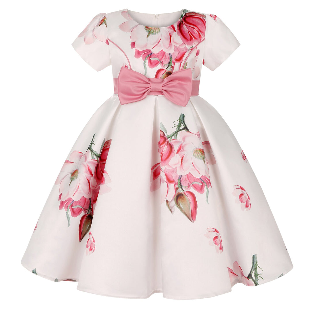 Hetiso Satin Cute Girls Birthday Floral Print Dresses Flower Bow Children's Clothing Casual Princess Party Clothes 3-10T - bertofonsi