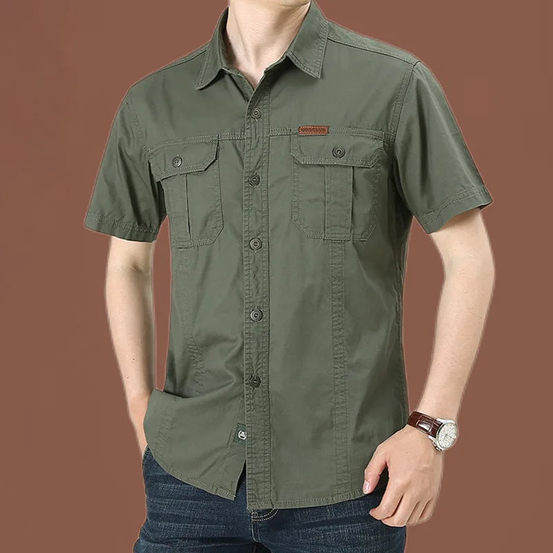 2022 New Summer Denim Short Sleeve Men Shirts 100% Cotton Army Military Casual Shirts Outdoor Hiking Fishing Clothing Plus Size - bertofonsi