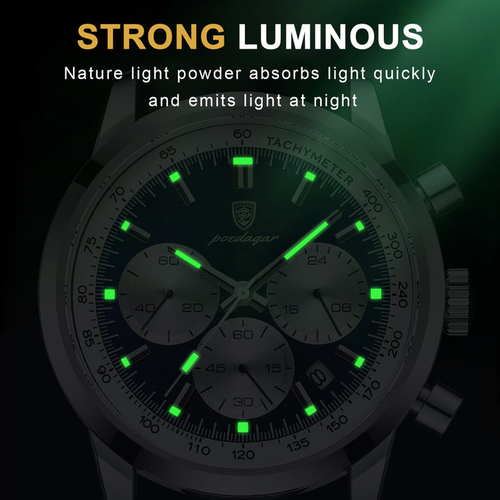 POEDAGAR Man Wristwatch Luxury Sport Genuine Leather Men Quartz Watch For Men Chronograph Waterproof Luminous Date Men's Watches - bertofonsi