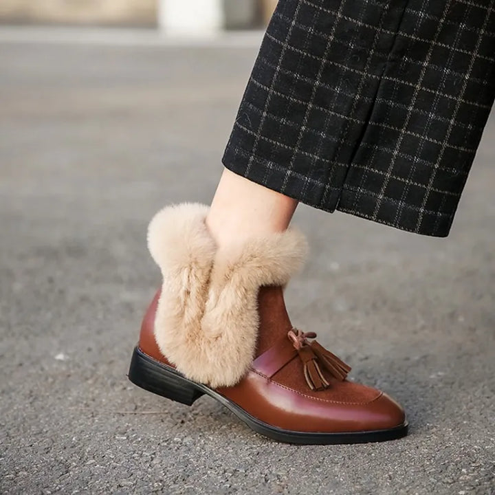 2020 winter women's ankle boots round toe low heel short plush warm women boots bowknot genuine leather women's shoes - bertofonsi