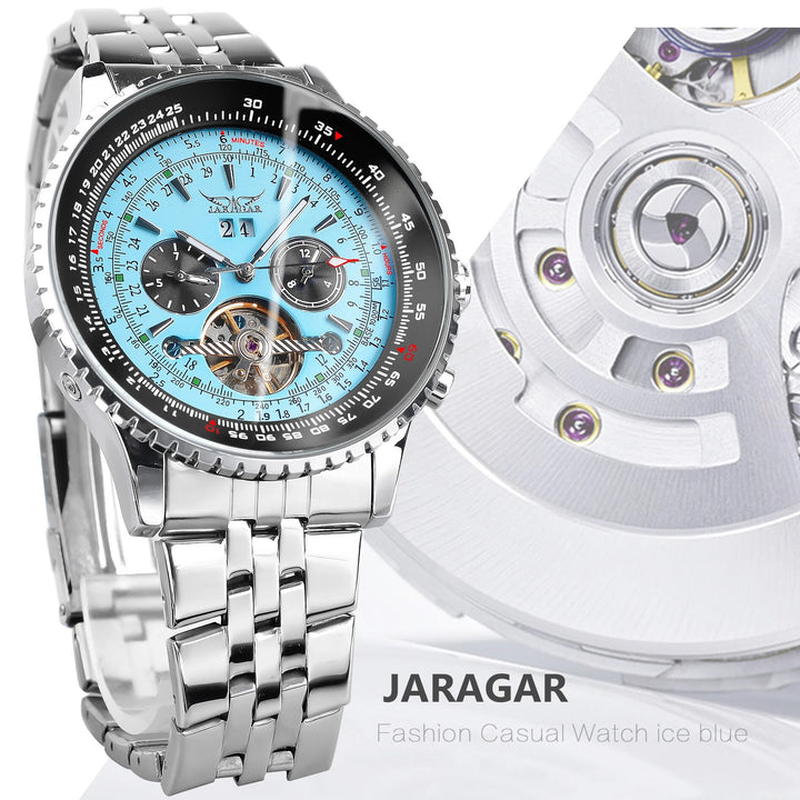Jaragar Mens Automatic Mechanical Watch Fashion Tourbillon Blue Dial Date Display BREITLING Design Strap Military Sport Watches - bertofonsi