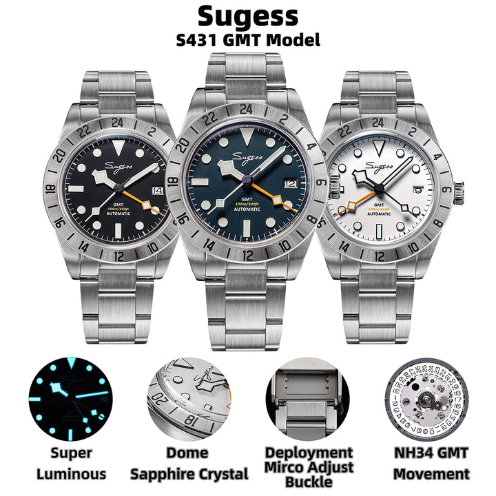Sugess GMT Watch of Men Japan NH34 Automatic Mechanical Dome Sapphire Glass Deployment Bracelet Luminous Wristwatches New S431 - bertofonsi
