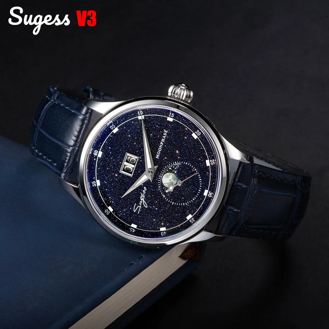 Sugess Moonphase Watch of Men 40mm Automatic Mechanical Wristwatches Origin ST2528 Movement Stainless Steel Blue Sandstone Dials - bertofonsi
