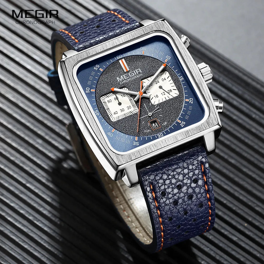 MEGIR Square Dial Chronograph Quartz Watches for Men Fashion Blue Leather Strap Casual Sport Wristwatch with Date 24-hour 2182 - bertofonsi