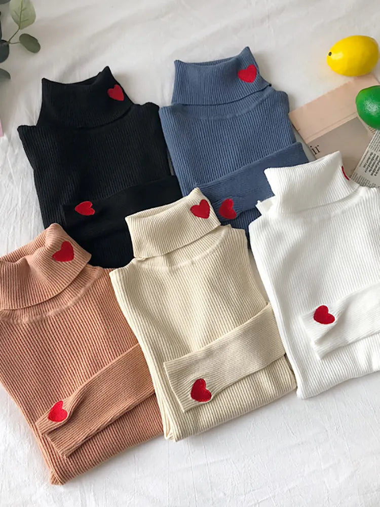 2023 Knitted Women Sweater Ribbed Pullovers Heart Embroidery Turtleneck Autumn Winter Basic Women Sweaters Fit Soft Warm Tops - bertofonsi