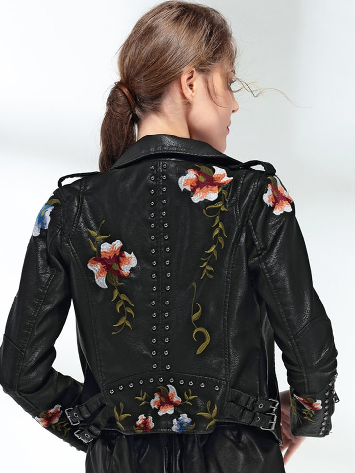 Ftlzz Women Floral Print Embroidery Faux Soft Leather Jacket Coat  Turn-down Collar Casual Pu Motorcycle Black Punk Outerwear - bertofonsi