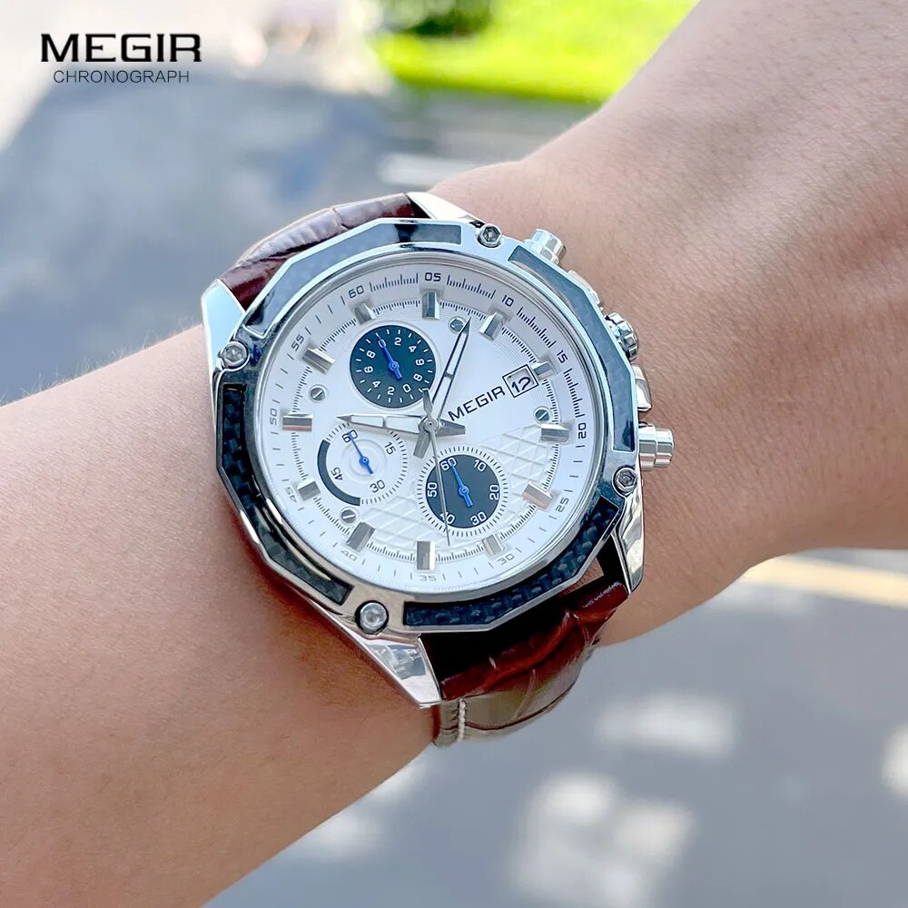 MEGIR quartz male watches Genuine Leather watches racing men Students game Run Chronograph Watch male glow hands for Man 2015G - bertofonsi
