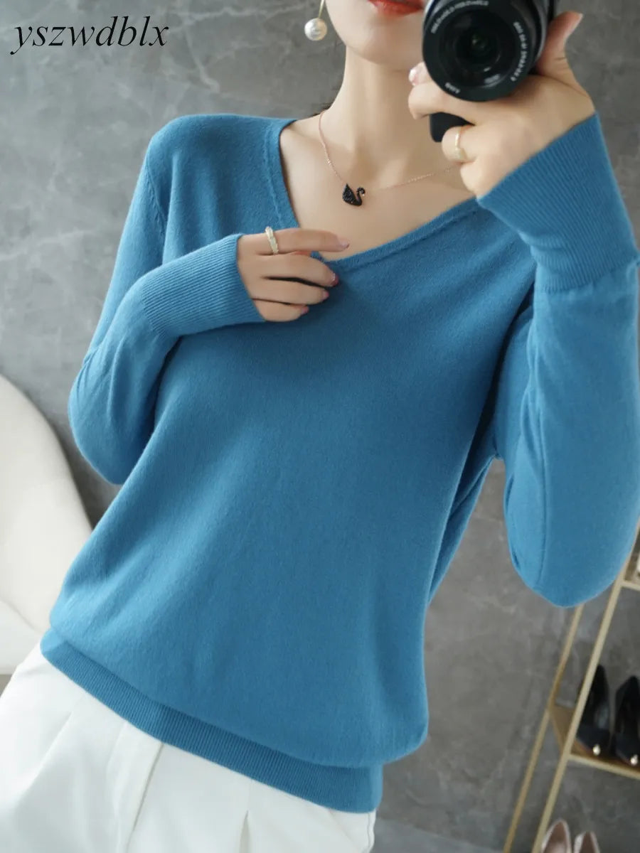 YSZWDBLX Womens Sweaters Spring Autumn V-neck Knitted Pullovers Loose Bottoming Shirt Cashmere Fashion Jumper Solid Pink Sweater - bertofonsi