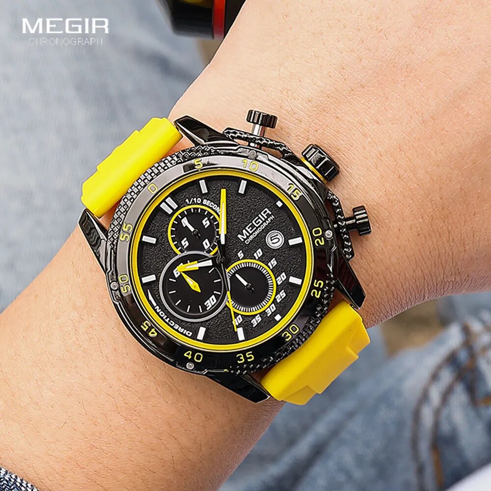 MEGIR Watch for Men Fashion Silicone Strap Chronograph Quartz Wristwatches with Auto Date Luminous Hands 3atm Waterproof 2211 - bertofonsi