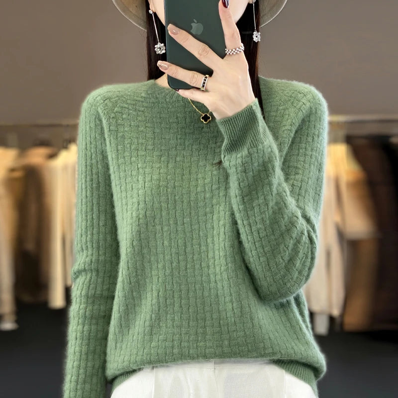 100% Merino Wool Sweater Women's O-neck Pullover Loose Knit Underlay Fashion Long Sleeve Cashmere Top in Autumn and Winter - bertofonsi