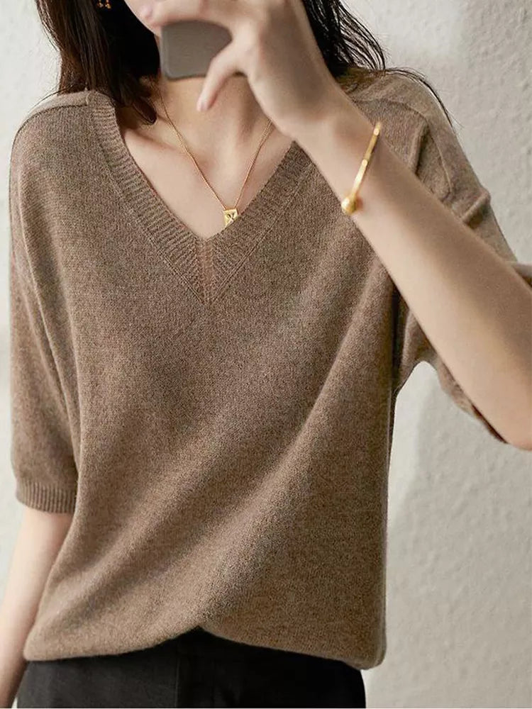 Cashmere Knitted Women Sweater Pullovers Half Sleeve V-Neck Autumn Basic Women Sweaters Loose Fit High Quality Top - bertofonsi