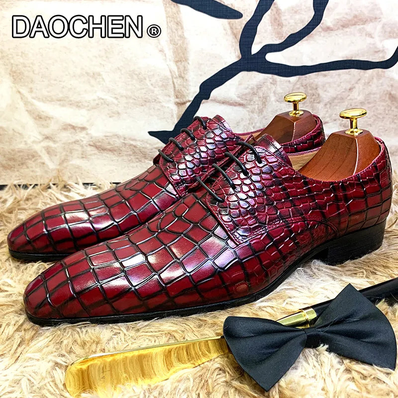 LUXURY BRAND MENS DRESS LEATHER SHOES RED BLACK LACE UP POINTED DERBY OXFORD PRINTED WEDDING OFFICE casual shoes for men - bertofonsi