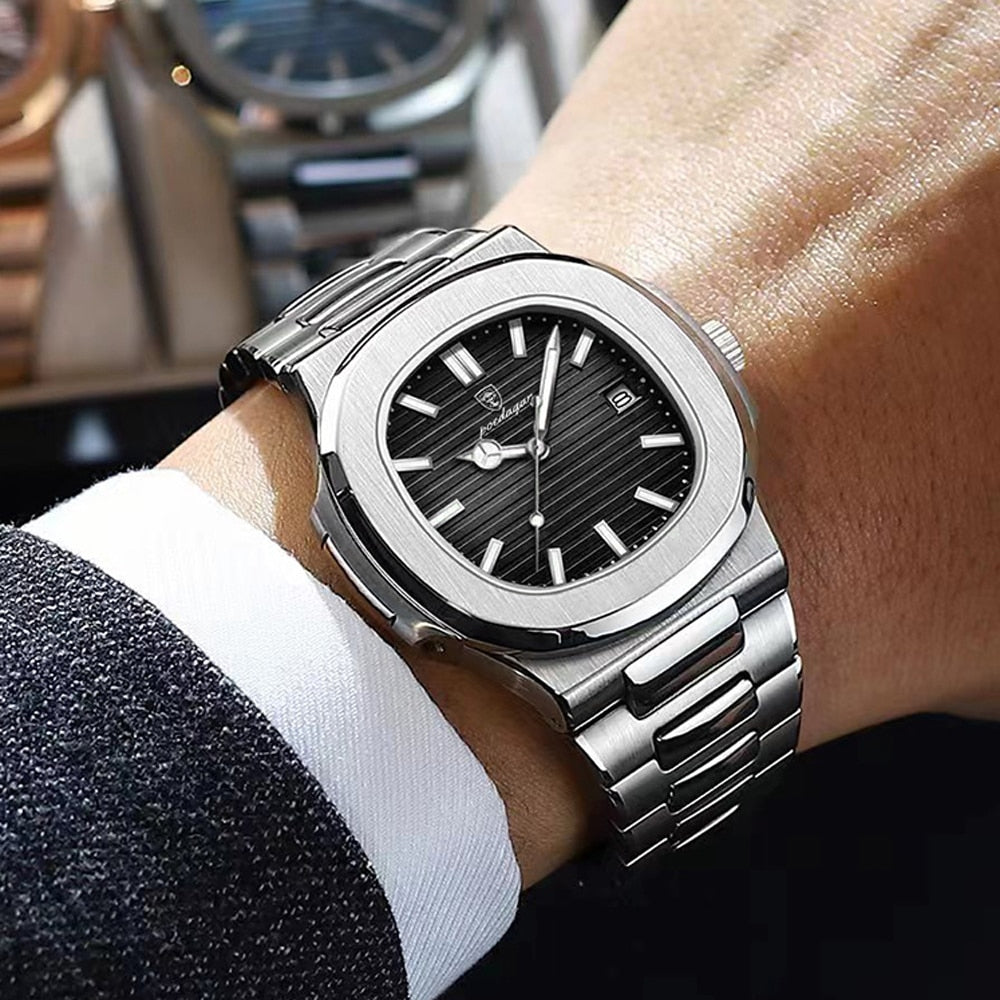 POEDAGAR 2023 New Luxury Square Quartz Watch Business Waterproof Male Clock Luminous Date Stainless Steel Men Watch Reloj Hombre - bertofonsi