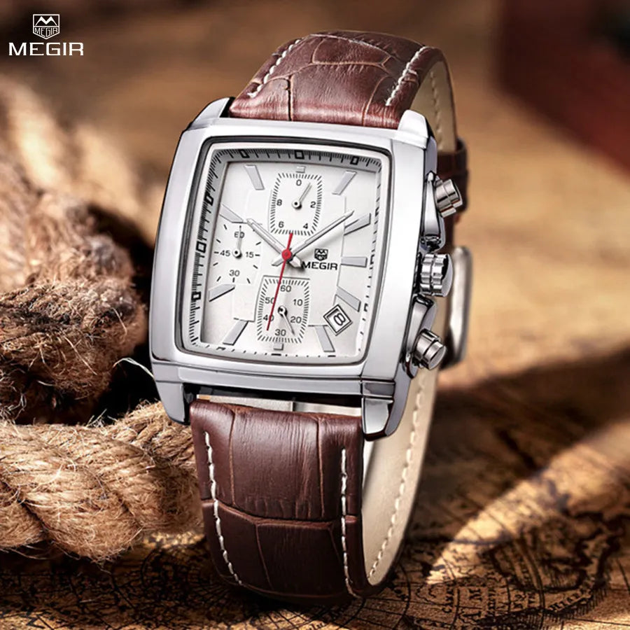 MEGIR Watch Men Business Wristwatch Rectangle Quartz Military Watches Waterproof Luminous Leather Casual Moda Clock Reloj Hombre - bertofonsi