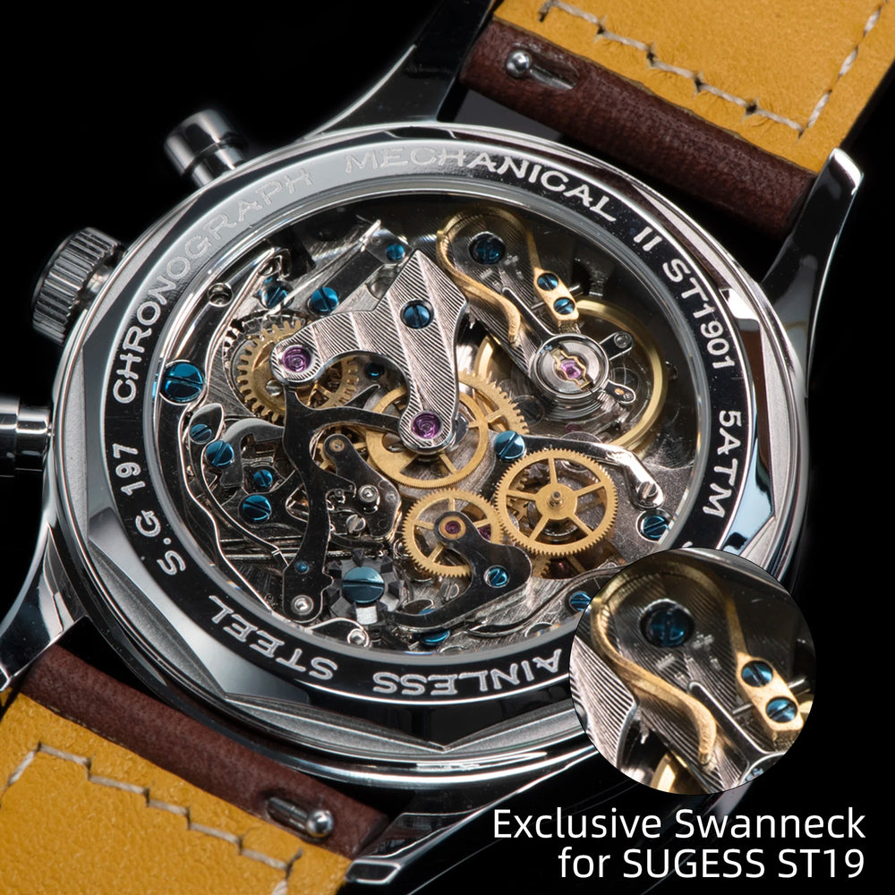 Sugess Pilot Watch ST19 Origin Movement Swanneck Wristwatch Mechanical Chronograph Sappire Crystal Military Limited Racing 1963 - bertofonsi