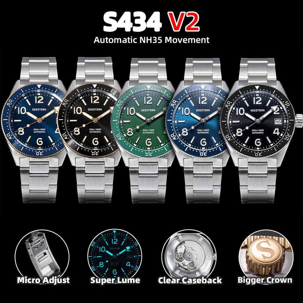 S434 Diver Watch Men Automatic NH35A Movement BGW9 Luminous Mechanical Wristwatches 20ATM Waterproof Sapphire Deployment Buckle - bertofonsi