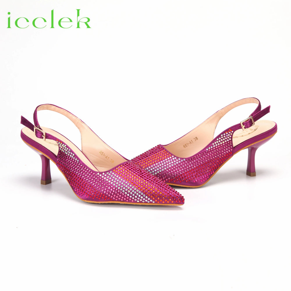 2023 Latest Italian Design African Women's High Heels Pointed Toe Sandals Party Wedding Party Magenta Color Shoes and Bags Set - bertofonsi
