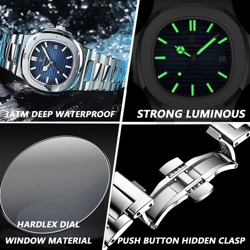 POEDAGAR Top Brand Luxury Quartz Watch Fashion Square Dial Stainless Steel Calendar Luminous Waterproof Men Watch Male Clock+Box - bertofonsi