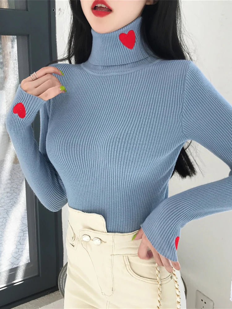 2023 Knitted Women Sweater Ribbed Pullovers Heart Embroidery Turtleneck Autumn Winter Basic Women Sweaters Fit Soft Warm Tops - bertofonsi