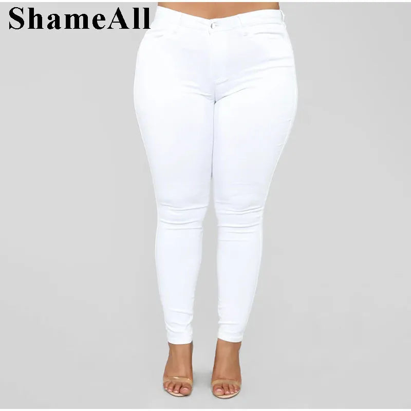 Plus Size Super Thin White Blue Stretch Skinny Pencil Jeans High Waist 5XL Slim Fit Jeans Mom Women White Wash Long Denim Pants - bertofonsi