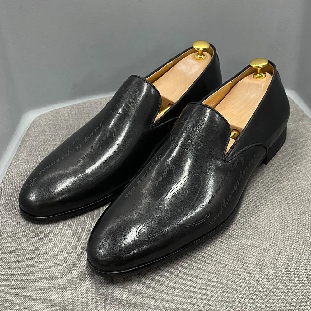 Italian Style Hand Painted Letter Men Shoes Genuine Cow Leather High Quality Formal Dress Shoes Loafers Business Wedding Shoes - bertofonsi
