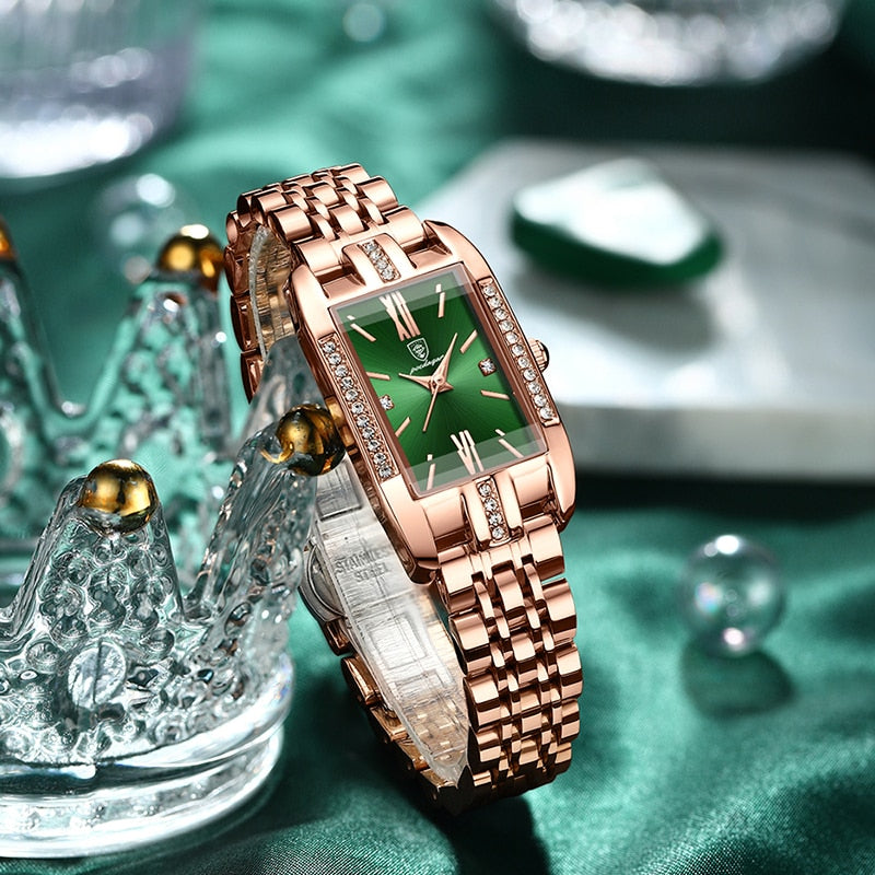 POEDAGAR Luxury Square Womens Watch Waterproof Brand Diamond Stainless Steel Bracelet Quartz Ladies Watches Green Clock Relogios - bertofonsi
