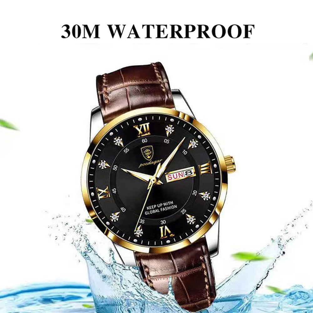 POEDAGAR Men Watch Fashion High Quality Leather Watches Waterproof Luminous Week Date Top Brand Luxury Quartz Man Wristwatch - bertofonsi