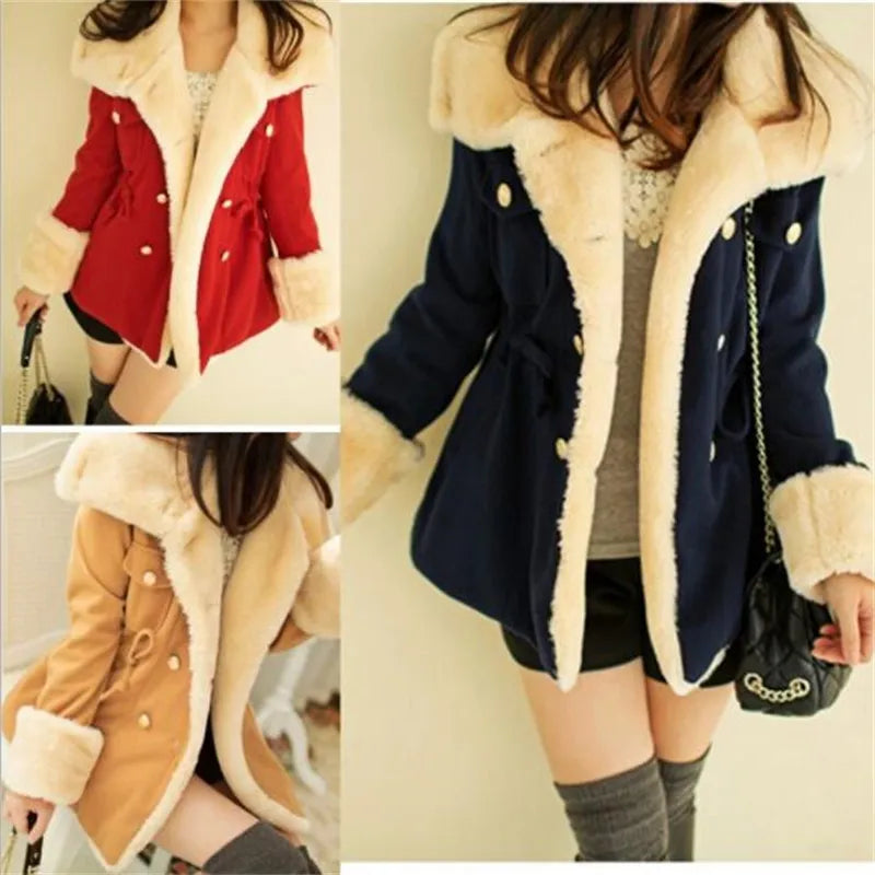 2022 Winter Autumn Warm Coats Woolen Slim Double Breasted Thick Coat Jacket Casual Fur Female Coat Jackets S - 2XL - bertofonsi