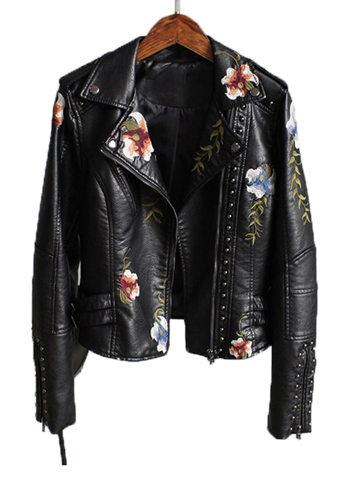 Ftlzz Women Floral Print Embroidery Faux Soft Leather Jacket Coat  Turn-down Collar Casual Pu Motorcycle Black Punk Outerwear - bertofonsi