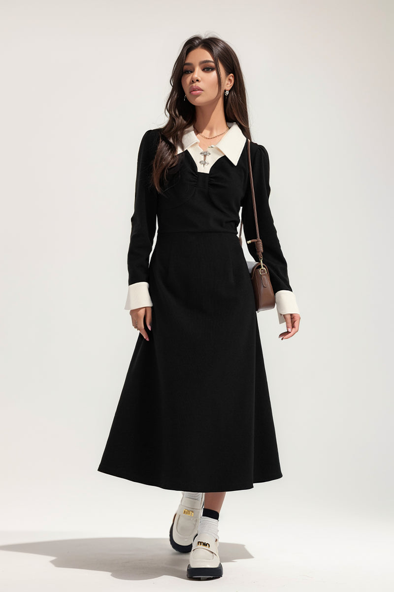 Airose Loose-Fit National Style Black Long Sleeve Dress - bertofonsi