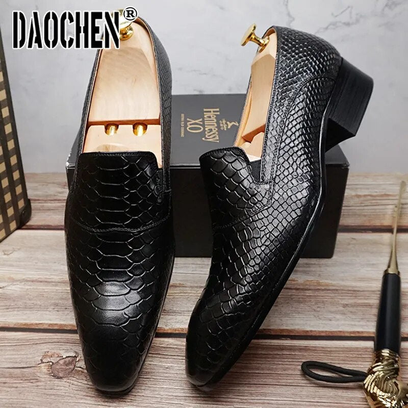 Luxury Men Casual Leather Shoes Snake Prints Black Brown Slip On Mens Dress Shoes Wedding Party Office Loafers Shoes Men - bertofonsi