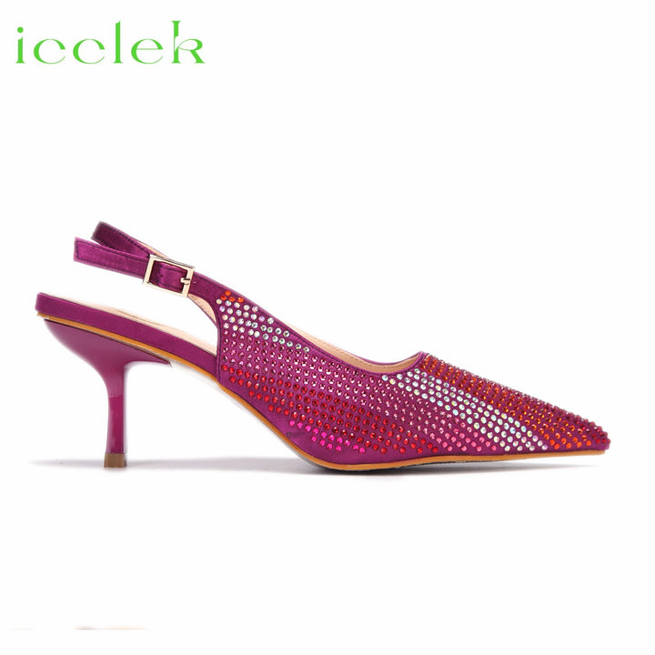 2023 Latest Italian Design African Women's High Heels Pointed Toe Sandals Party Wedding Party Magenta Color Shoes and Bags Set - bertofonsi