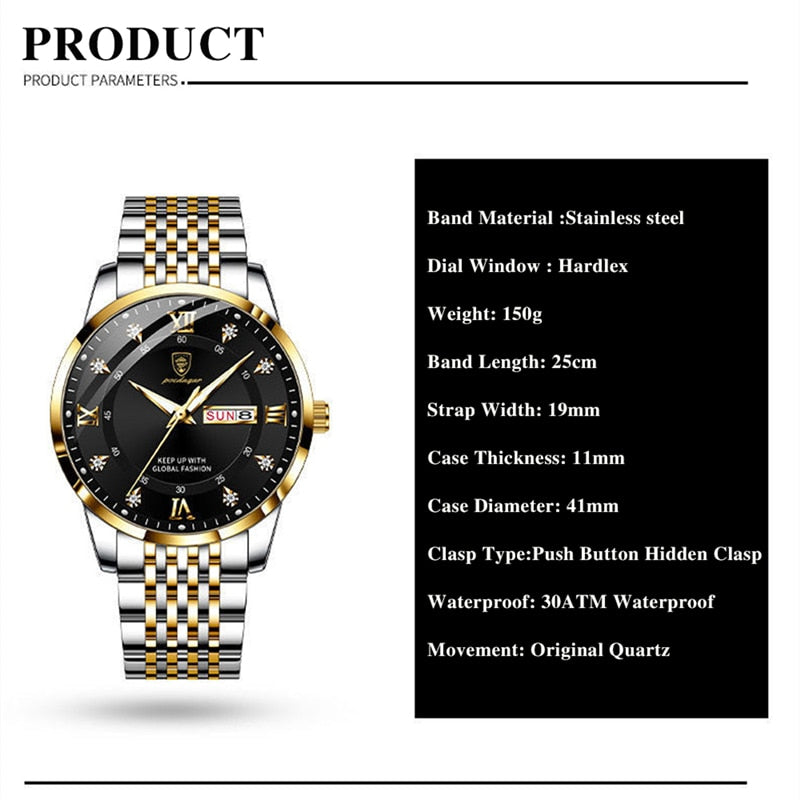 2023 New Casual Sport Chronograph Men's Watches Stainless Steel Band Wristwatch Big Dial Quartz Clock with Luminous Pointers+box - bertofonsi