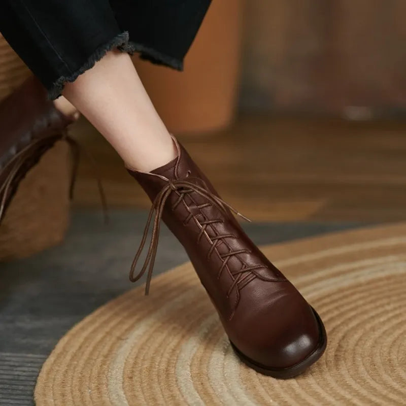 Genuine Leather Women Boots HOT SALES Autumn Shoes for Women Winter Handmade Boots Square Toe Chunky Heel Shoes zapatos mujer - bertofonsi