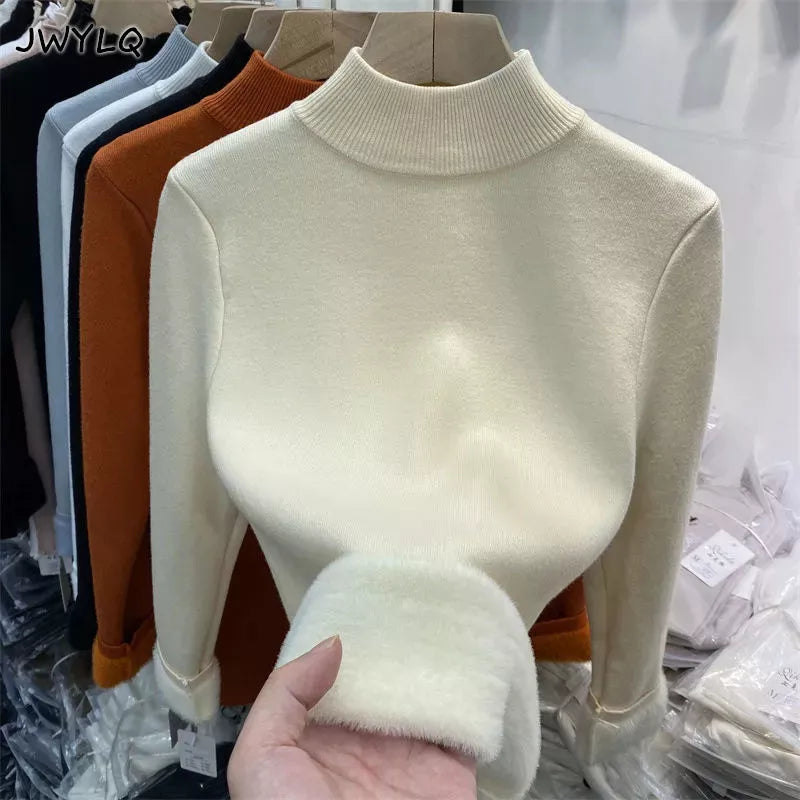 Korean Turtleneck Slim Thicken Knitted Pullovers Woman 2024 Winter Plus Velvet Sweater Casual Fleece Lined Warm Knitwear Tops - bertofonsi